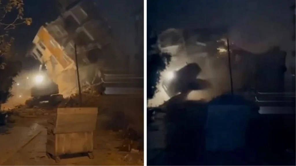 Hatay’da depremde ağır hasar alan bina iş makinesinin üzerine yıkıldı