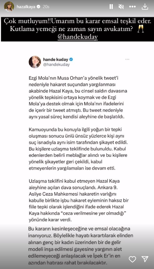 Hazal Kaya, Musa Orhan'a hakaret davasından beraat etti