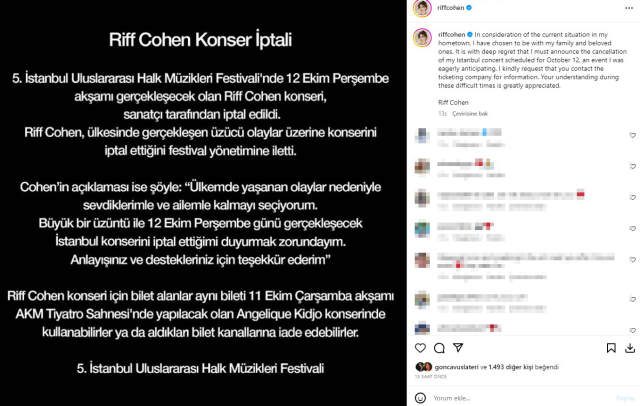 İsrailli müzisyen Riff Cohen, ülkesindeki çatışmalar nedeniyle İstanbul konserini iptal etti