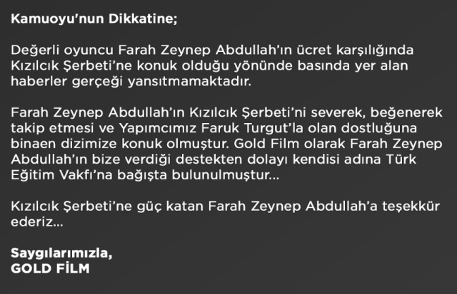 Farah Zeynep Abdullah, Kızılcık Şerbeti'nden para aldı mı? Yapım şirketinden yalanlama geldi